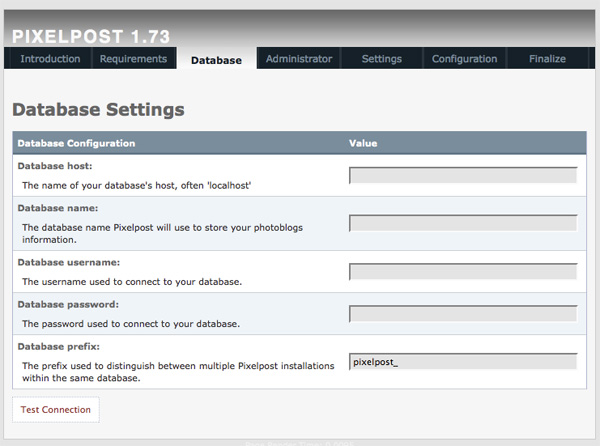 Setting up Pixelpost database settings