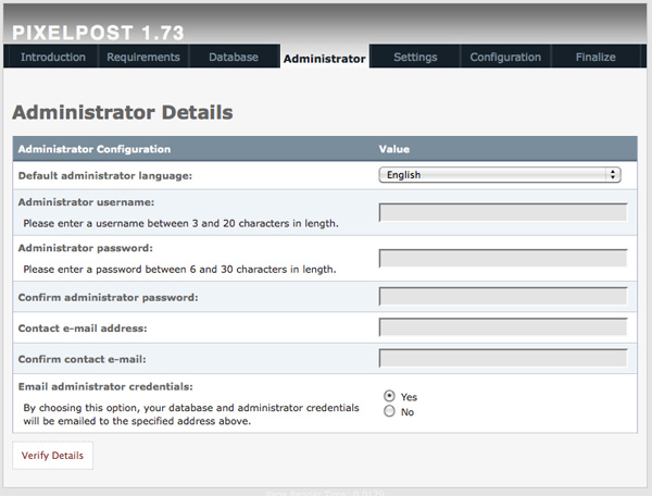 Creating Pixelpost administrator account