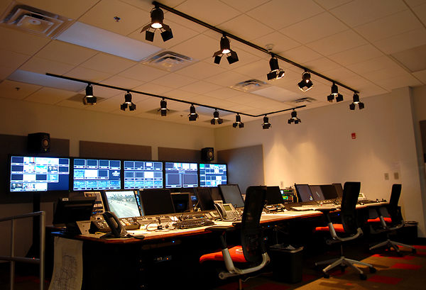 A control room lit with just natural light.