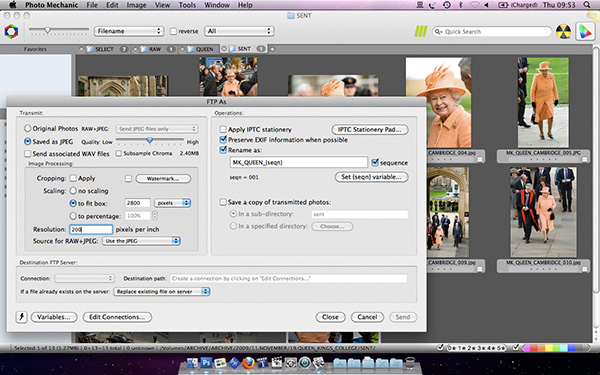 Screen shot of Photo Mechanic in action with pictures ready to wire to the picture desk.